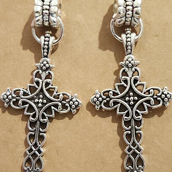 Ornate Baroque / Gothic Silver Tone Cross Earrings - Picture 4 of 7